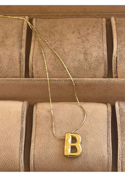 316 L B Harfi Çelik Balon Kolye , Çelik Harfli Kolye , Gold Çelik Kolye