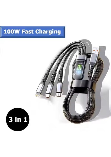 Işıklı 3 In1 Lightning-Micro-Type-C 100W Hızlı Şarj Kablosu 3A 1.2m Siyah