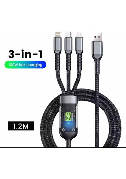 Işıklı 3 In1 Lightning-Micro-Type-C 100W Hızlı Şarj Kablosu 3A 1.2m Siyah fiyatları