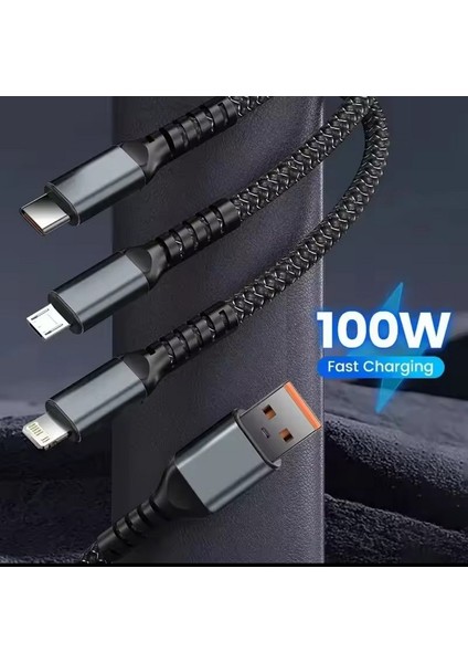 Işıklı 3 In1 Lightning-Micro-Type-C 100W Hızlı Şarj Kablosu 3A 1.2m Siyah fırsatları