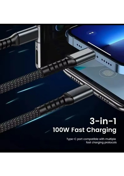 Işıklı 3 In1 Lightning-Micro-Type-C 100W Hızlı Şarj Kablosu 3A 1.2m Siyah indirimleri