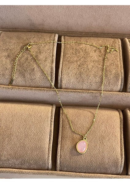 316 L Cerrahi Çelik Pembe Kuvars Taşlı Çelik Gold Kolye fiyatları