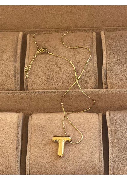 316 L T Harfi Çelik Balon Kolye , Çelik Harfli Kolye , Gold Çelik Kolye