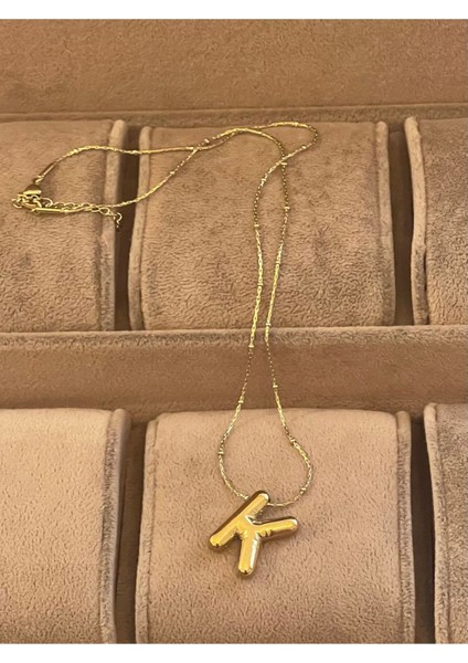 316 L K Harfi Çelik Balon Kolye , Çelik Harfli Kolye , Gold Çelik Kolye
