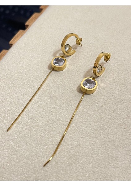 316 L Cerrahi Çelik Zirkon Parlak Taşlı Sallantılı Gold Küpe