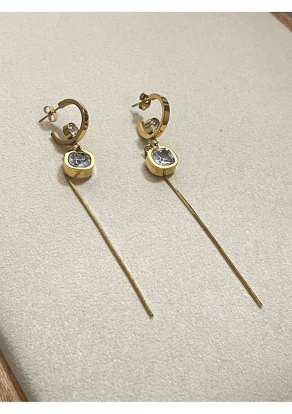 316 L Cerrahi Çelik Zirkon Parlak Taşlı Sallantılı Gold Küpe