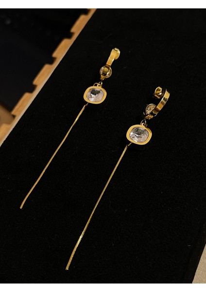 316 L Cerrahi Çelik Zirkon Parlak Taşlı Sallantılı Gold Küpe