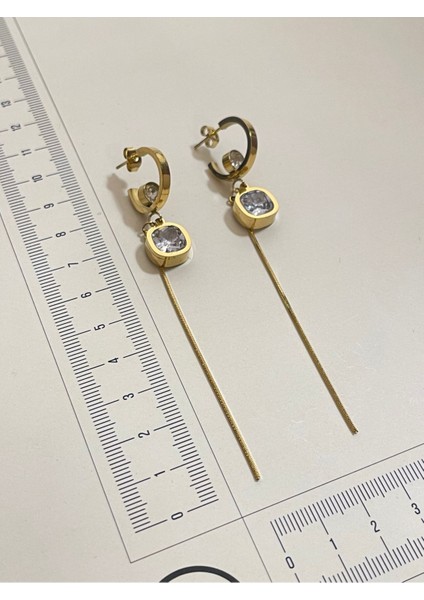 316 L Cerrahi Çelik Zirkon Parlak Taşlı Sallantılı Gold Küpe