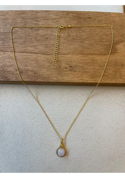 925 Ayar Gümüş Gold Renk Ay Taşı Zincirli Kolye