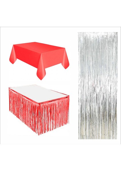 Kırmızı Masa Örtüsü, Kırmızı Masa Eteği, Gümüş Arka Fon