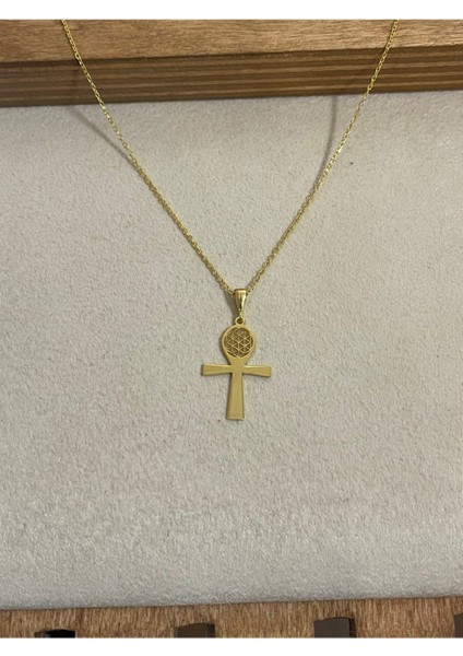 925 Ayar Gümüş Gold Renk Zincirli Ank Haç Model Kolye