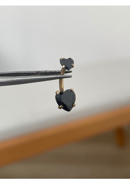 316 L Cerrahi Çelik Zirkon Taşlı Kalp Detaylı Göbek Piercingi Siyah