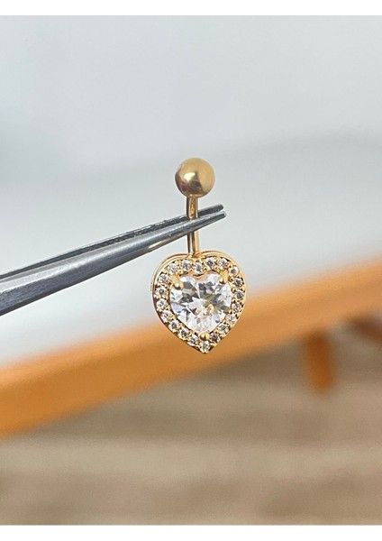 316 L Cerrahi Çelik Parlak Taşlı Kalp Detaylı Göbek Piercingi Altın