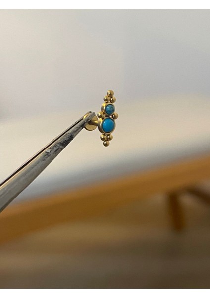 316 L Cerrahi Çelik Turkuaz Mavi Taşlı Altın Tragus Helix Kıkırdak Dudak Piercingi