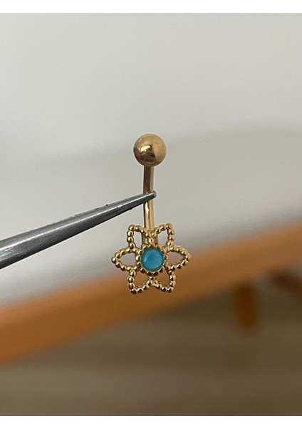 316 L Cerrahi Çelik Gold Renginde Çiçek Modeli Mavi Taşlı Göbek Piercingi