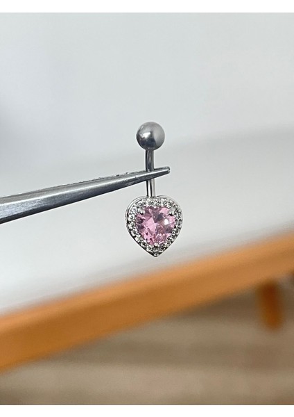 316 L Cerrahi Çelik Zirkon Taşlı Pembe Kalpli Göbek Piercingi