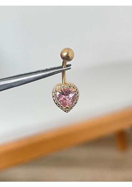 316 L Cerrahi Çelik Zirkon Taşlı Pembe Kalpli Göbek Piercingi