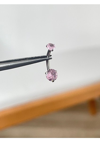 316 L Cerrahi Çelik Zirkon Taşlı Yuvarlak Taş Detaylı Göbek Piercingi Lila Taşlı