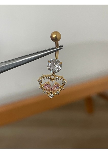 316 L Cerrahi Çelik Sallantılı Pembe Taş Detaylı Göbek Piercingi
