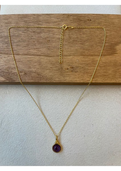 925 Ayar Gümüş Gold Renk Ametist Taşlı Zincirli Kolye