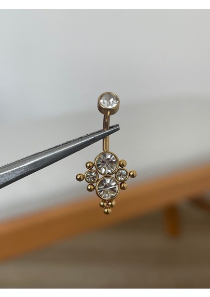 316L Cerrahi Çelik Zirkon Taşlı, Tasarım Gold Göbek Piercingi