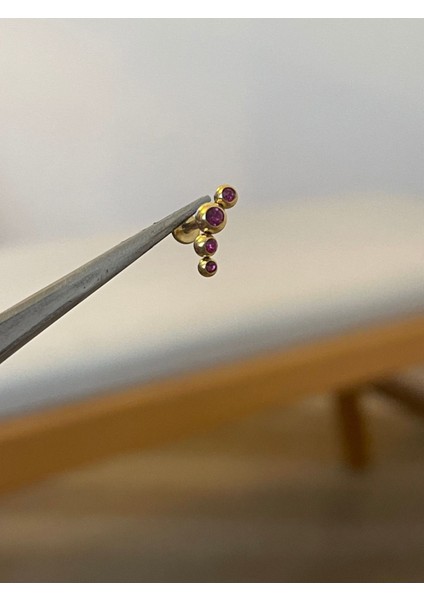 316 L Cerrahi Çelik 4 Taşlı Pembe Taşlı Asimetrik Altın Tragus Helix Kıkırdak Dudak Piercingi