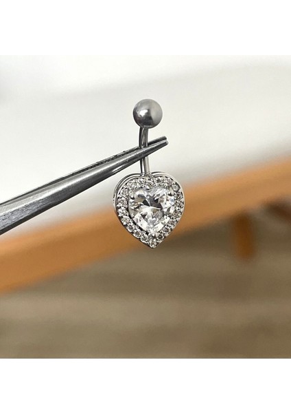 316 L Cerrahi Çelik Parlak Taşlı Kalp Detaylı Göbek Piercingi