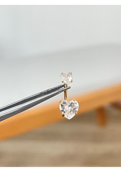 316 L Cerrahi Çelik Zirkon Taşlı Kalp Detaylı Göbek Piercingi Parlak Altın