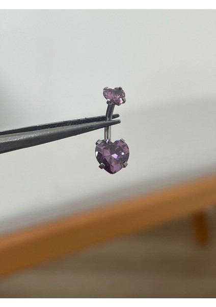 316 L Cerrahi Çelik Zirkon Taşlı Kalp Detaylı Göbek Piercingi Lila