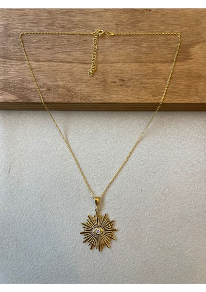 925 Ayar Gümüş Gold Renk Zincirli Güneş Kolye