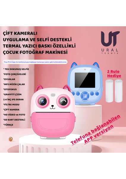 Çocuk Fotoğraf Makinesi Yazıcı, Selfie, Full Hd, Filtre, Oyunlar, Mp3 Çalar App Desteği