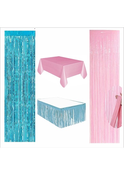 Pembe Masa Örtüsü, Mavi Masa Eteği, 1 Adet Pembe, 1 Adet Mavi Arka Fon