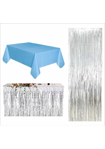 Mavi Masa Örtüsü, Gümüş Masa Eteği, Gümüş Arka Fon
