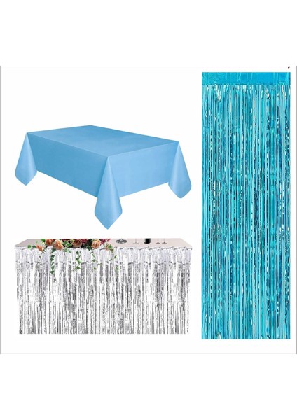 Mavi Masa Örtüsü, Gümüş Masa Eteği, Mavi Arka Fon