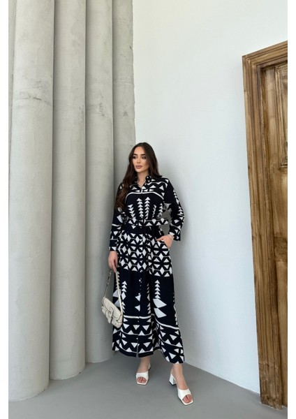 Kadın Etnik Desenli Siyah Uzun Kol, Kemerli Cepli, Uzun Viskon Gömlek Elbise