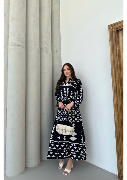 Kadın Etnik Desenli Siyah Uzun Kol, Kemerli Cepli, Uzun Viskon Gömlek Elbise fiyatları