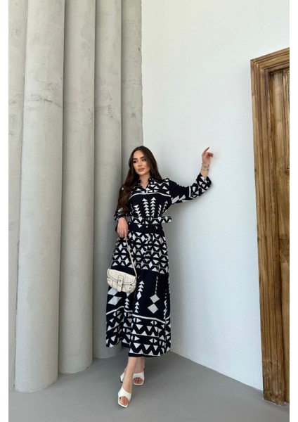 Kadın Etnik Desenli Siyah Uzun Kol, Kemerli Cepli, Uzun Viskon Gömlek Elbise modelleri