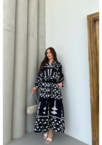 Kadın Etnik Desenli Siyah Uzun Kol, Kemerli Cepli, Uzun Viskon Gömlek Elbise fırsatları