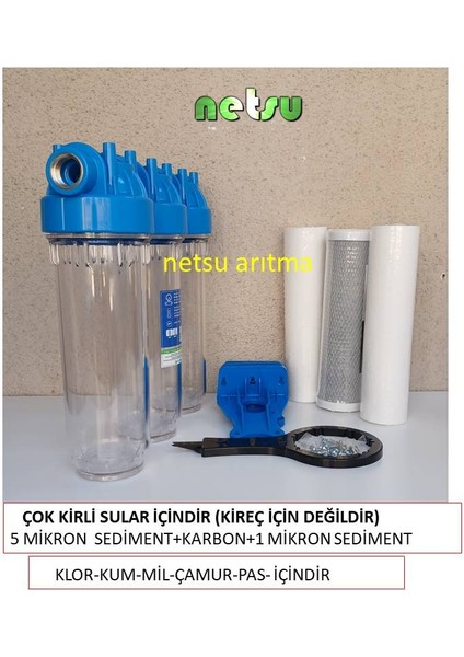 -3/4 girişli- çok kirli sular için-Daire,Bina girişi su arıtma cihazı ve 3 lü filtresi