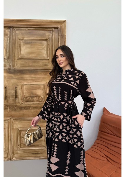 Kadın Etnik Desenli Kahve Uzun Kol, Kemerli Cepli, Uzun Viskon Gömlek Elbise modelleri
