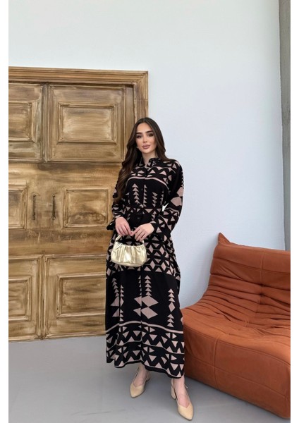 Kadın Etnik Desenli Kahve Uzun Kol, Kemerli Cepli, Uzun Viskon Gömlek Elbise indirimleri