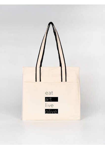 Eat Art Live Olive - Siyah Çizgili Kulplu Ön Cepli Lux Kanvas Çanta