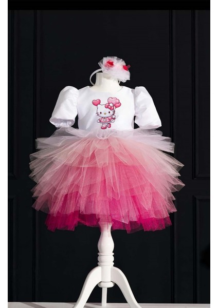 Hello Kitty ve Kalpli Balonlar Temalı Kız Çocuk Doğum Günü Elbisesi ve Parti Kostümü (Taç Hediyeli)