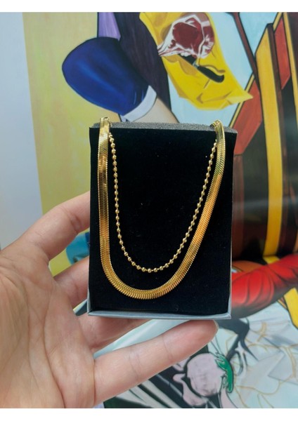 Kararmaz Çelik Altın Renk Italyan Zincir Kutulu Hediyelik 2'li Kolye Seti