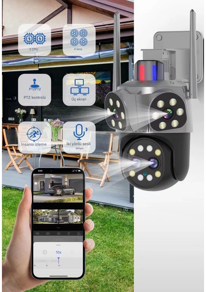 Mpia Orino 4 Lens 10X Zoom 8MP 360° Görüş Hareketli Waterproof Gece Görüş Sesli Görüşme Akıllı Kamera