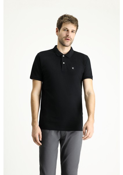Polo Yaka Slim Fit Dar Kesim Nakışlı Pamuk Tişört
