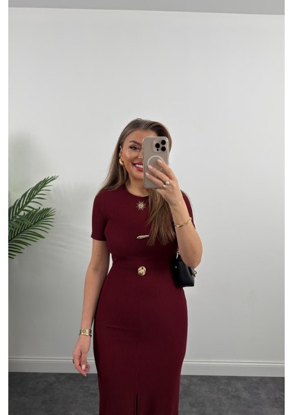 Kadın Ottoman Kumaş Likralı Düğme Tasarımlı Kısa Kol Kalem Elbise modelleri