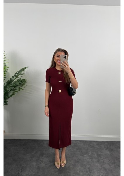 Kadın Ottoman Kumaş Likralı Düğme Tasarımlı Kısa Kol Kalem Elbise indirimleri