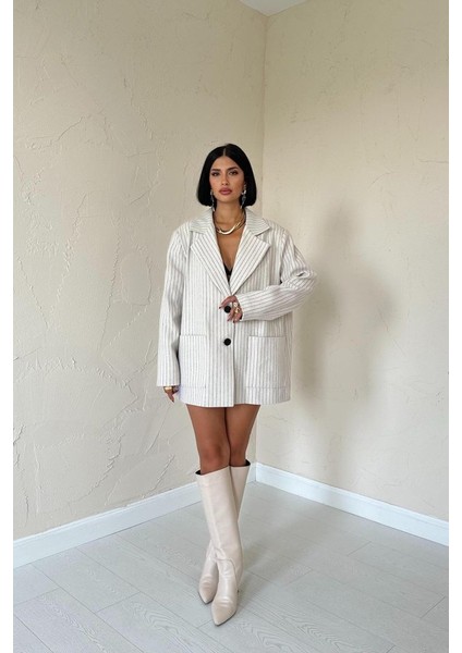 Bej Çizgili Oversize Ceket