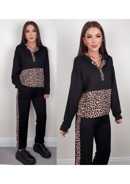 Kadın Uzun Kollu Leopar Detay Sweat ve Yanı Leopar Şerit Detay Pantolon Ikili Takım
